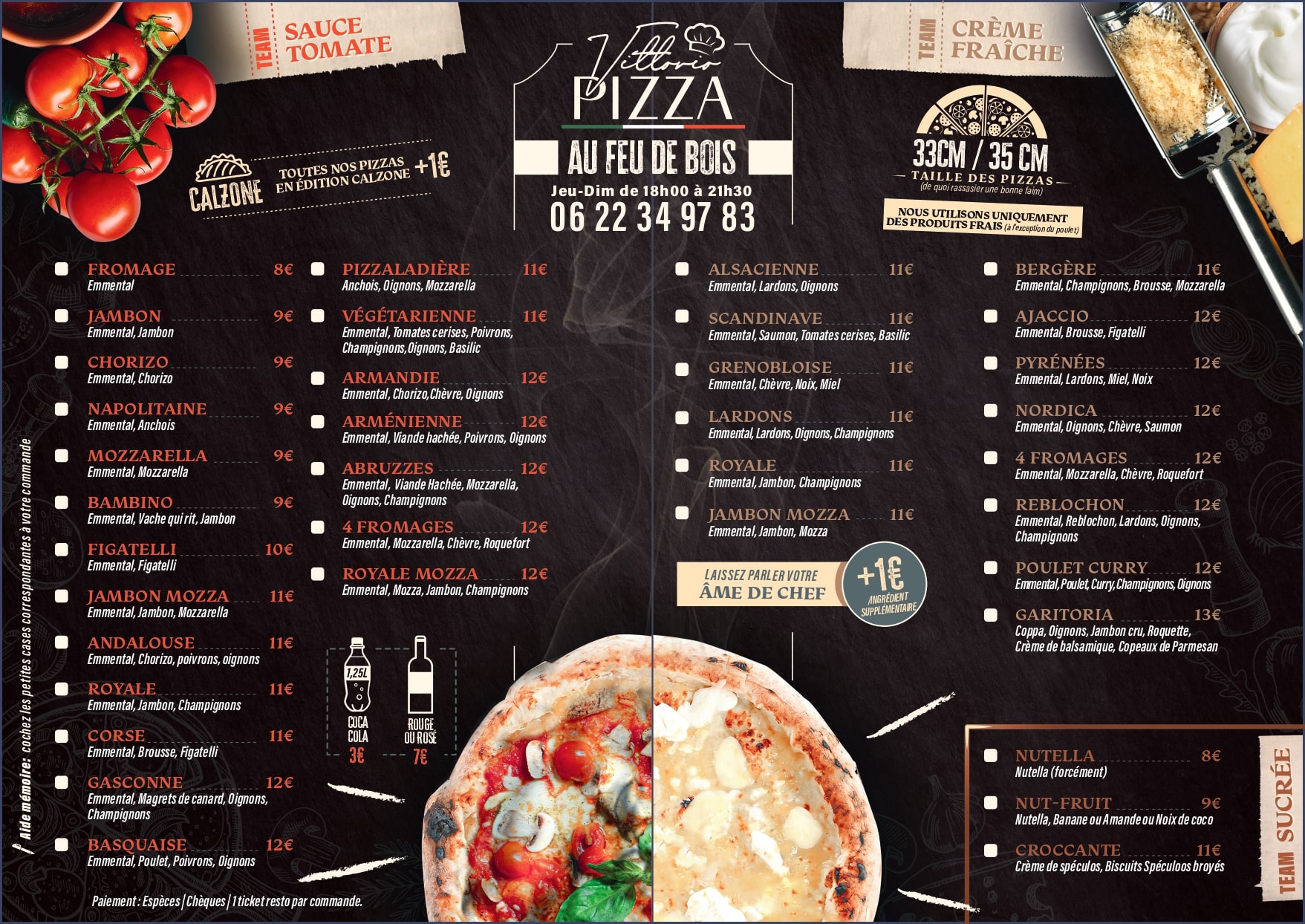 Carte pizza au feu de bois | Vittorio Pizza Colayrac